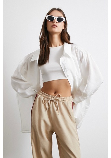Oversize Cepli Modal Gömlek Beyaz Beyaz