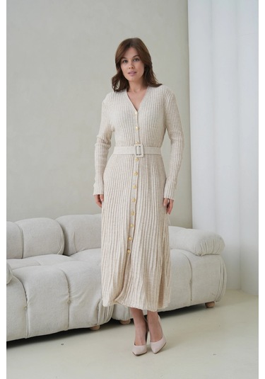 Kadın V Yaka Ful Düğme Kapama Kemer Detay Maksi Boy Fitilli Triko Elbise Taş