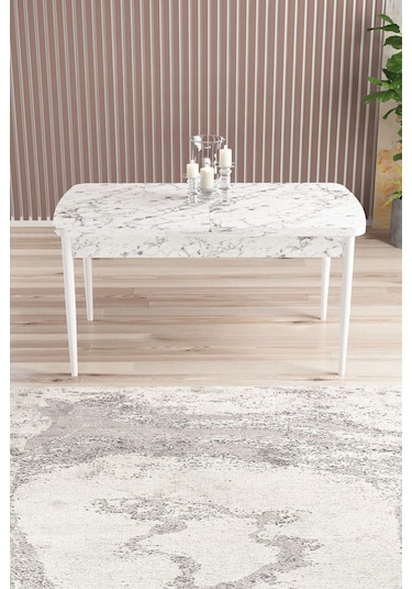 Jusie Beyaz Mermer Desen 80x132 Açılabilir Yemek Odası Takımı 6 Adet Sandalye Kahverengi