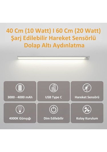 Hareket Sensörlü - Dekoratif Gece Lambası Usb Şarjlı 40 CM Silver