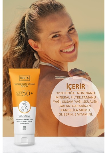 INCIA %100 Doğal Vücut Güneş Kremi Leke Karşıtı Mineral Filtreli Yüksek Koruma SPF 50+ UVA UVB 150 ML