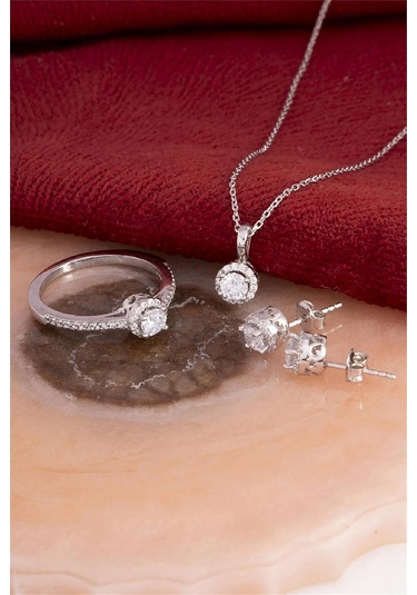925 Ayar Gümüş Rodyumlu Beyaz Zirkon Taşlı Yuvarlak Bayan Takı Seti