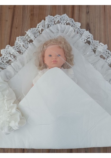 Dantelli Bebek Battaniyesi %100 Pamuklu Doğal Organik Uyku Kundağı Hediyelik Yenidoğan Mevlütlük Ekru