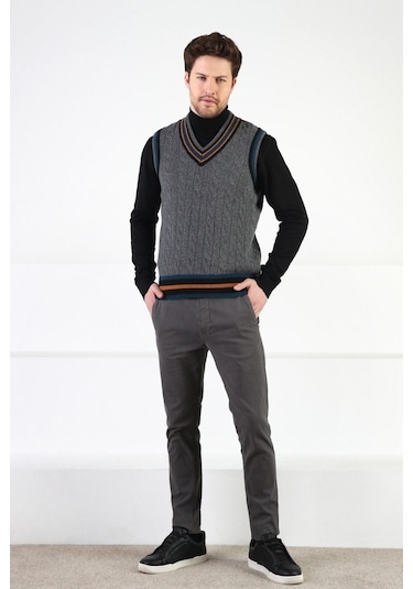 Ferraro Füme Örgü Desenli V Yaka %100 Kuzu Yünü Erkek Süveter