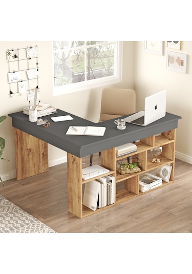 Yurudesign Tywin Kitaplık Raflı Çalışma Masası Çam-Antrasit