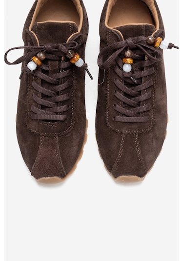 Luvishoes Brea Kahverengi Süet Hakiki Deri Boncuklu Kadın Günlük Sneaker Kahverengi