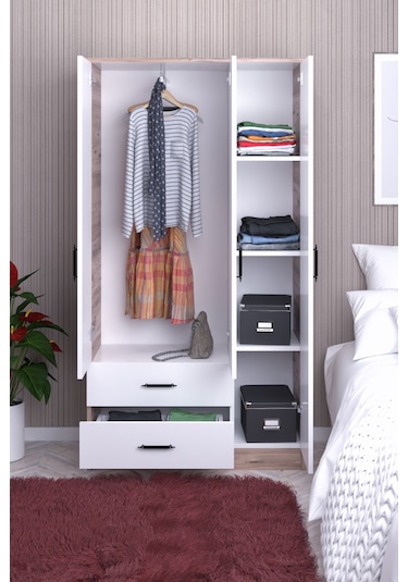 ABETEMOBİLYA 3 Kapılı 2 Çekmeceli Ceviz-Beyaz Gardırop