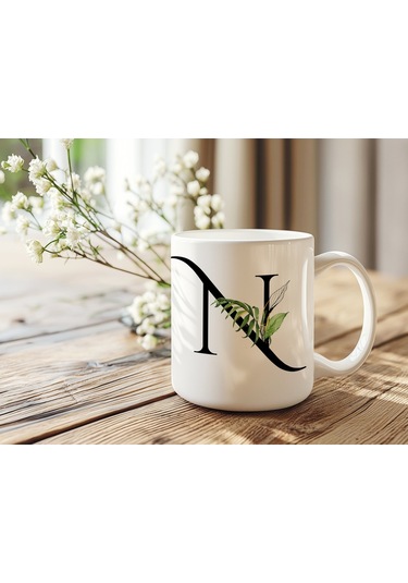 N Harf Zarif Yaprak Desenli Kupa Bardak - Naturel Sade Alfabe Harfli Bardak - Kişiye Özel Hediye Beyaz