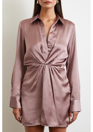 Viskon Saten Gömlek Elbise Yeşil Yeşil