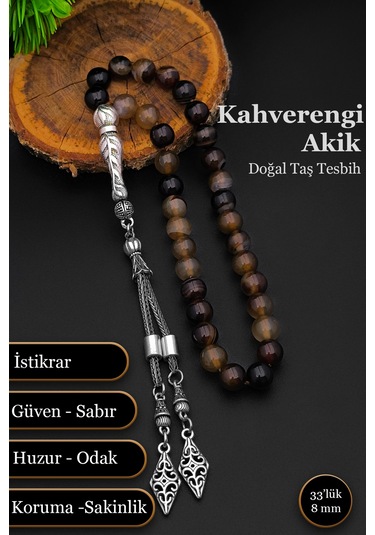 Erkek Doğal Taş Tesbih Kahverengi Akik Tesbih 8 Mm Bt053 Kahverengi - Beyaz