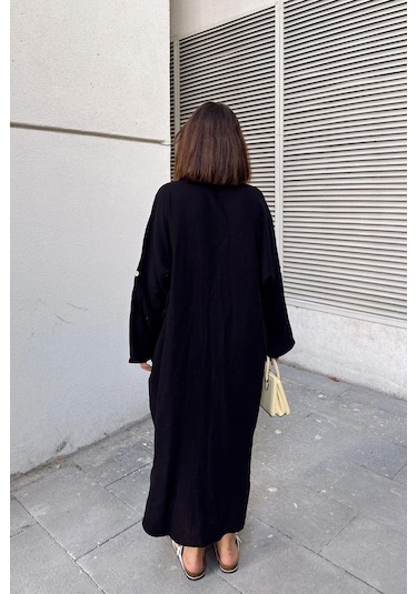 Kadın Siyah Muslin Kumaş, Yarasa Kol, Eteği Oval, Çift Cepli, Uzun Oversize Salaş Gömlek Elbise Siyah