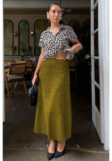 Yağ Yeşili Süet Uzun Etek Mg2549 Yağ Yeşili