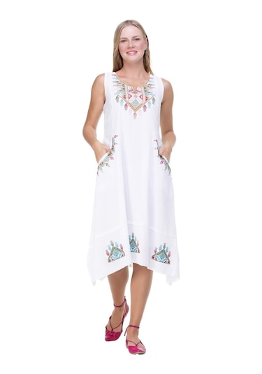 Kolsuz Şile Bezi Antik Nakışlı Midi Boy Elbise Beyaz Byz-beyaz