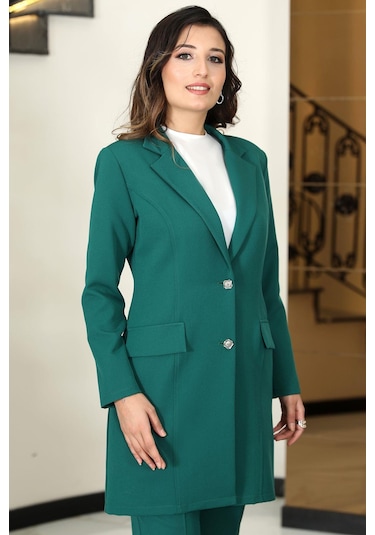 Parla Uzun Ceket Pantolon İkili Tesettür Takım Zümrüt Zümrüt
