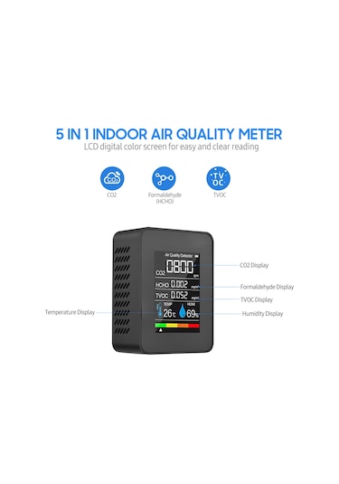 Springsun Hava Kalitesi Analizi Cihazı: Co2, Formaldehit Hcho , Tvoc, Sıcaklık Ve Nem Ölçer - Lcd Renkli Ekran, Yarıiletken Sensör, Dahili Batarya