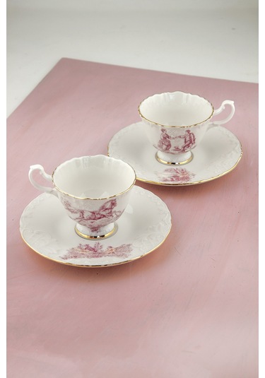 Altın Yaldızlı Gül Kurusu İngiliz Desen 2 Kişilik Kahve Fincan Takımı Beyaz