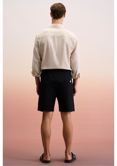 Grimelange TYRONE Erkek Beli Lastikli Arka Tek Cepli Relaxed Fit Siyah Şort