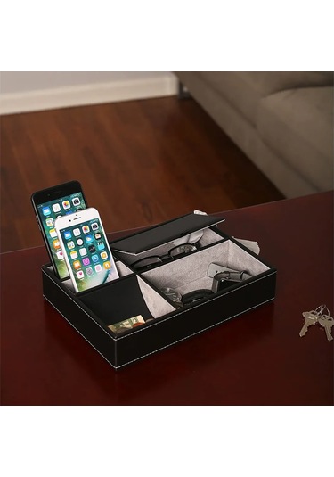 Qingmipy Deri Çok Bölmeli Aksesuar Organizatörü - Cüzdan, Takı, Anahtar Saklama Tepsisi Siyah