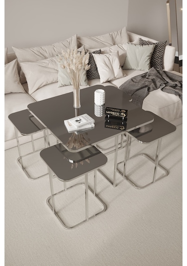 4+1 Gümüş Kaplam Füme Ayna Radüslü Orta Sehpa