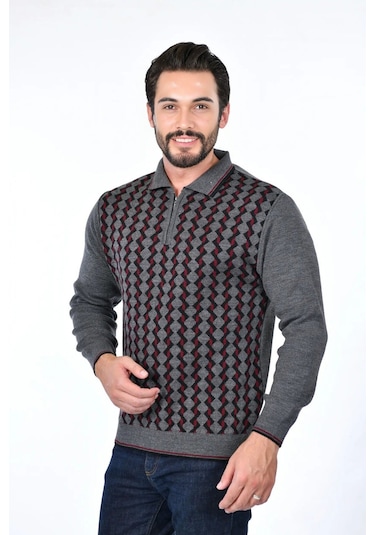 Kamalı Erkek Çelik Örgü Gömlek Yaka Fermuarlı Polo Yakalı Tüylenmez Triko Kışlık Baba Kazak Gri