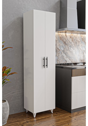 Ae-3085 Selen Çok Amaçlı Beyaz Dolap 7 Raflı, 2 Kapaklı Mutfak