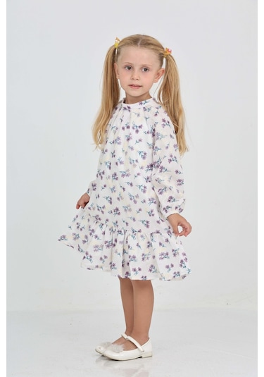 Toontoy Kız Çocuk Çiçek Desenli Elbise Mor
