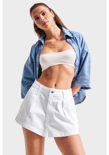 Itsbasic Kadın Beyaz Renk 5s5-2 Mini Boy Pileli %100 Koton Denim Şort