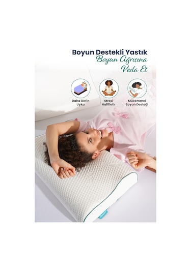 Çift Boyun Destekli Ortopedik Visco Yastık 52x32x12-10cm Beyaz