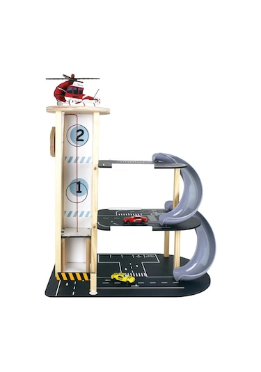 Ahşap Asansörlü Otopark - Üç Katlı Garaj Seti - Hotwheels Garaj Seti - Otopak Seti - Kaydıraklı Gara