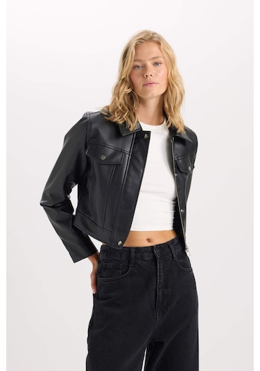 DeFacto Su İtici Suni Deri Mont Polo Yaka Cepli Fermuarlı Çıtçıtlı D5774AX25SPBK27 Siyah