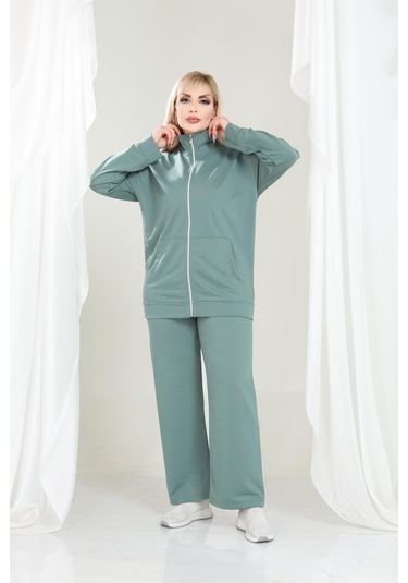 Kadın Büyük Beden Fermuarlı Uzun Kollu Rahat Günlük Eşofman Takım Çağla