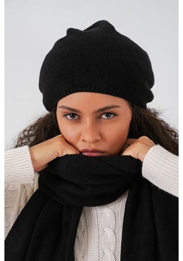 Kadın Triko Atkı Bere 15939 - Siyah Siyah