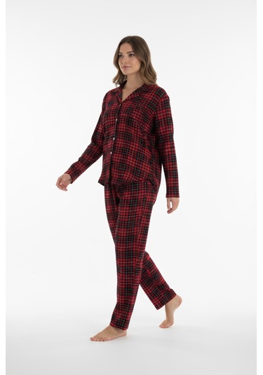 Luxury Soft Kırmızı Ekose Desenli Uzun Kollu Kadın Pijama Takımı 3063 Bordo
