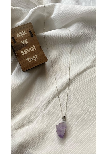 İlknur Doğal Taş Evi Ahşap Kutulu Ametist Gümüş Kolye