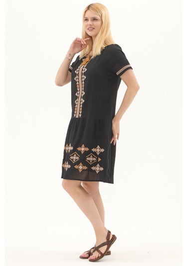 Şile Bezi Siyah Otantik Nakışlı Midi Elbise