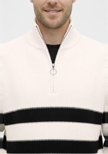 Deepsea Erkek Ekru Yarım Fermuarlı Oversize Kesim Triko Kazak Pamuklu Yumuşak Örgü Çizgili Kazak 2608513 Ekru