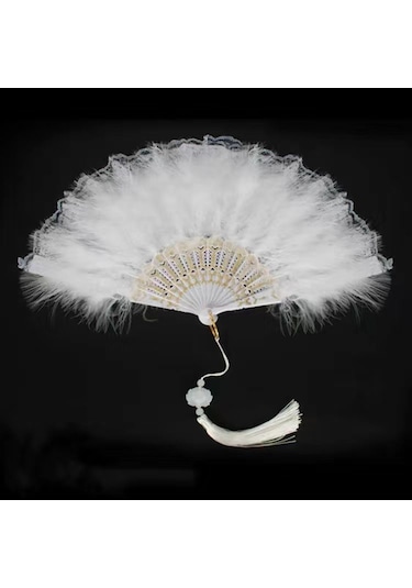 Yaozixa Kumaş Ve Tüy Dekorlu Plastik El Fanı, Ev Ve Özel Renkler, Geniş Kullanim Alanı 42x24cm