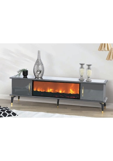 Bera Antrasit - Gold Şömineli Dünya Tv Sehpası Antrasit - Gold