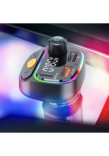 Wiwu Wi-qc031 Rgb Bluetooth Transmitter Mp3 Type-c Ve Usb-a Araç Şarjı Siyah