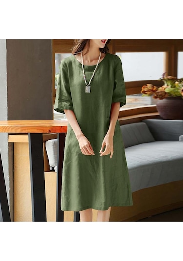 Zanzea Pamuk Keten Elbise Kadın Yaz Rahat O-boyun Yarım Kollu Elbise Haki