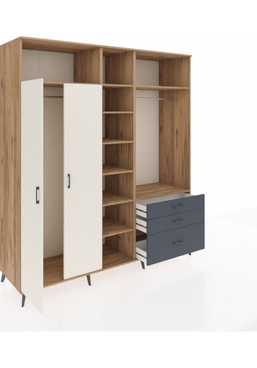 Kronos Dolap 9 Raflı 3 Çekmeceli 2 Askılı 220x59x243 Çam-aytaşı/antrasit Aytası/antrasıt