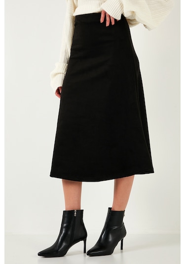 Lela Streç Regular Fit Yüksek Bel Midi Boy Süet Çan Bayan Etek 5866180 Siyah