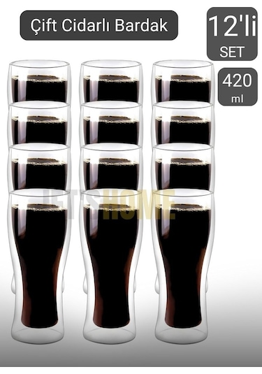 12 Li Set Bira Bardağı Kahve Bardağı Çift Cidarlı Bardak Meşrubat Bardağı 420 Ml Şeffaf
