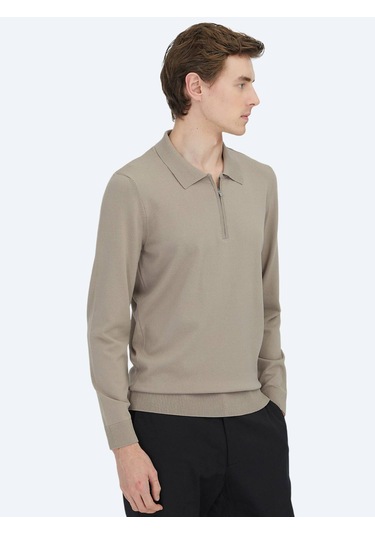 Açık Vizon Polo Yaka Düz Örgü Triko Kazak Vizon