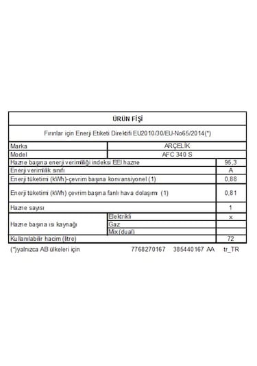 Arçelik AFC 340 S 72 LT Ankastre Fırın