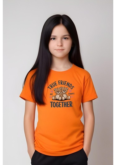 True Friends Baskılı Kız Çocuk Tişört Ve Eşofman Alt-üst Takım Turuncu