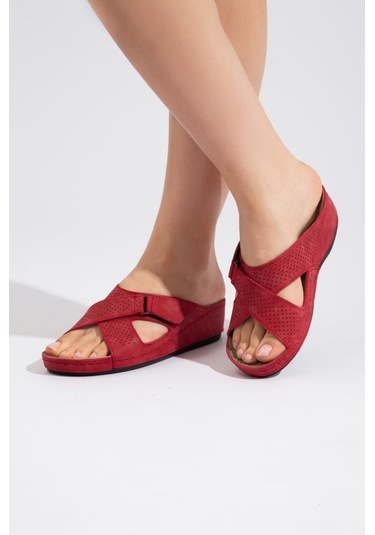 Roy Jones Kadın Ortopedik Çapraz Cırtlı Ayarlanabilir Üst Detay Konfor Modeli Günlük Terlik Yumuşak Kırmızı