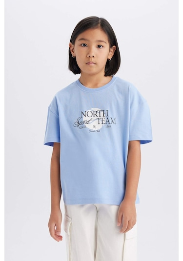 DeFacto Kız Çocuk Relax Fit Bisiklet Yaka Baskılı Kısa Kollu Tişört E0355A825SMBE551 Mavi