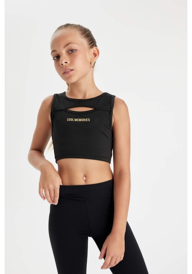 Defacto Kız Çocuk Bisiklet Yaka Yazı Baskılı Pencere Detaylı Kolsuz Atlet D0312A824AUBK81 Siyah