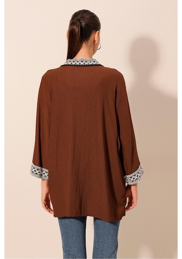 Bigdart 5866 Nakışlı Örme Kimono - Kahverengi 001
